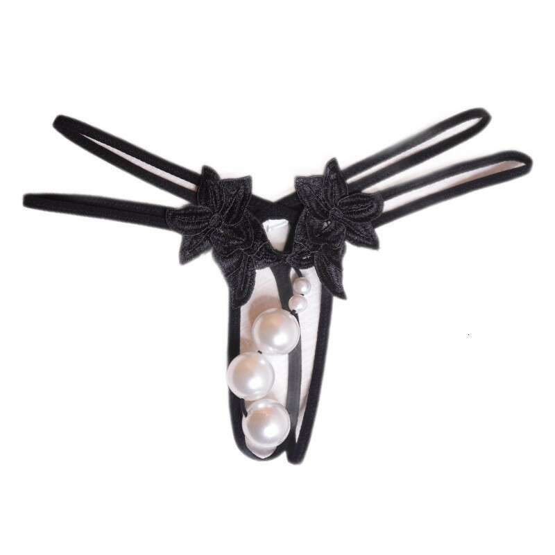 Sexy Lingerie Women's Extra Large Pearl Thong Open Crotch Nightclub Underwear Floral Embroidery Graduated Pearl Detailing Stretch Straps Design