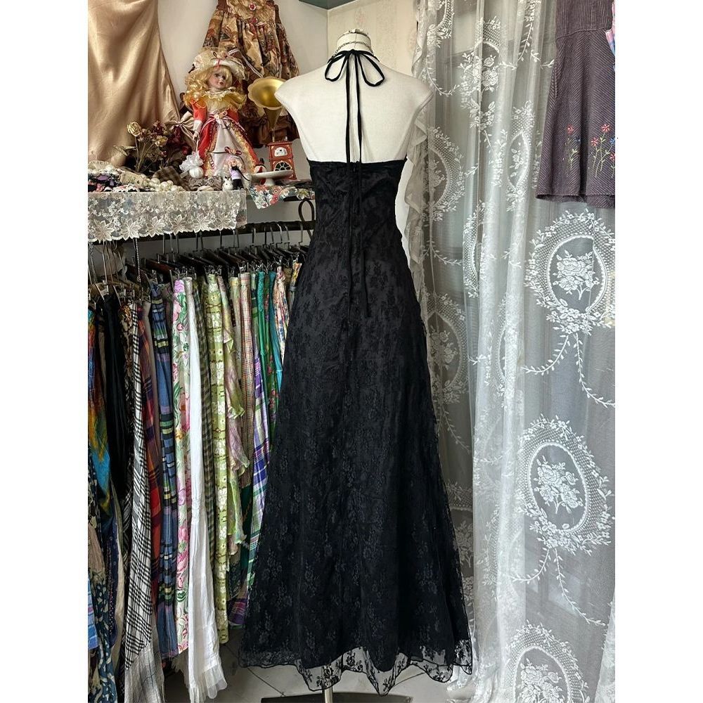 2025 black veil fashion moon retro backless collar black dress retro elegant summer dress new designer dress