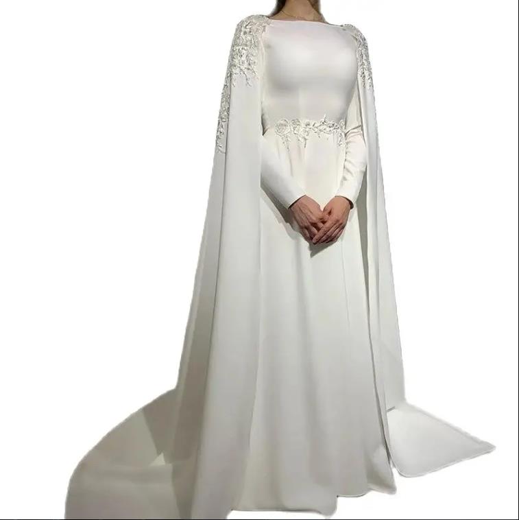 Women's Arabic Muslim Wedding Dresses Cape Long Sleeves A Line High Neck Bride Gowns Lace Appliques Sweep Train Vestido De Novia