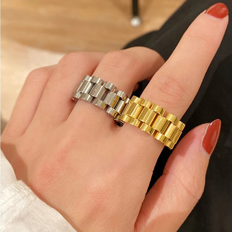8/10mm HipHop Watch Chain Band Ring Men Women Rose Gold Color Stainless Steel Strap Watchband Style Wedding Rings Jewlery 250805