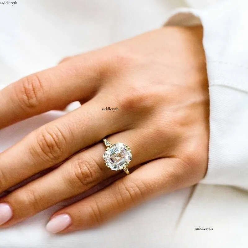 Luster Cathedral Antique Design 10k 14k Yellow Gold GRA DEF 10x10mm Asscher Cut Moissanite Ring