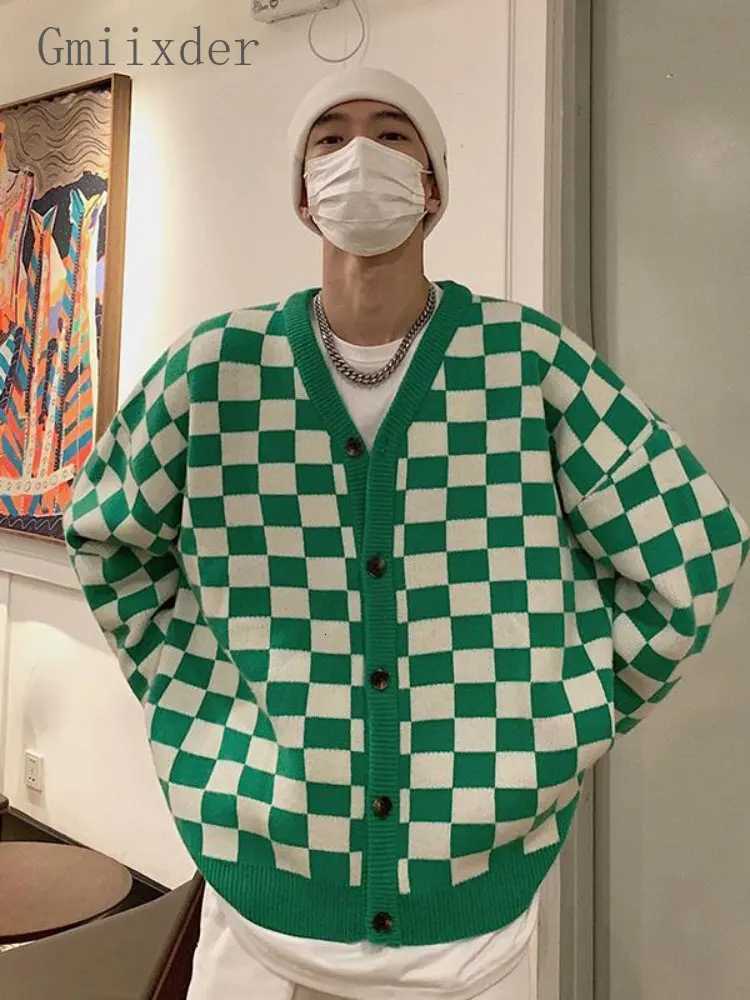 Gmiixder Autumn Vintage Checkerboard Cardigan Long-sleeved Button Sweater Mens Preppy Casual Knitwear Jacket Unisex Streetwear XJ250805