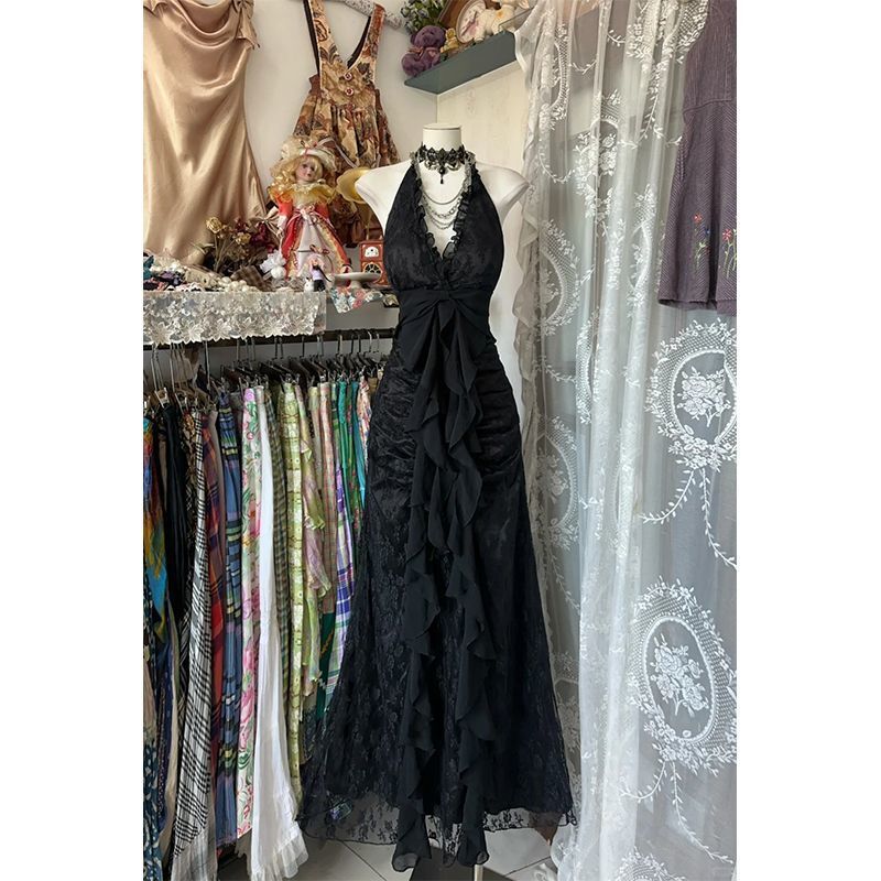 2025 black veil fashion moon retro backless collar black dress retro elegant summer dress new designer dress