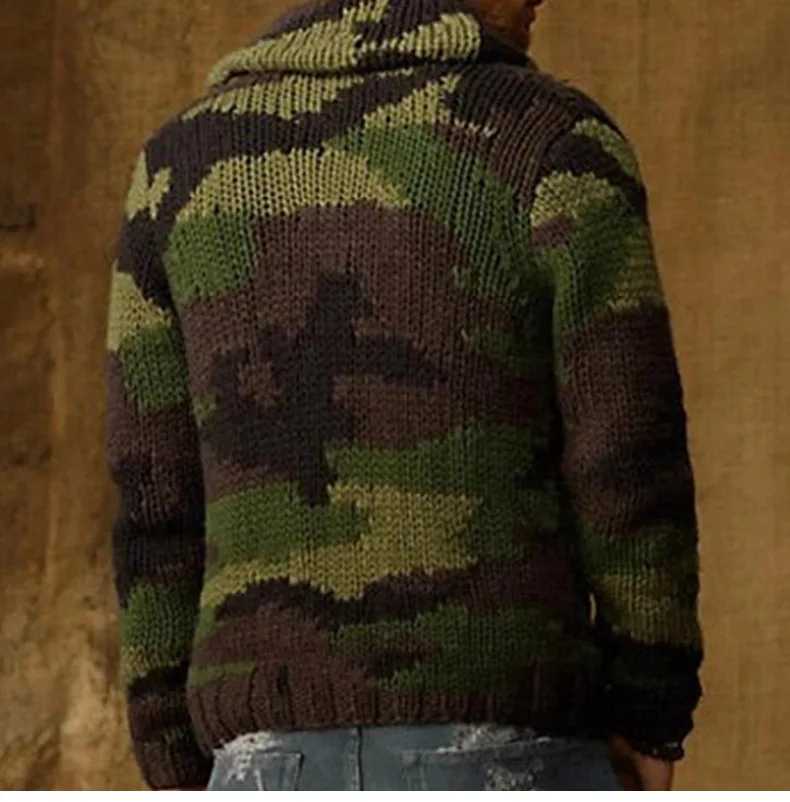 New Mens Camouflage Jacquard Sweater Lapel Cardigan Knit Jacket Single-breasted Winter Thick Coat Vintage Outerwear Jersey 3XL XJ250805