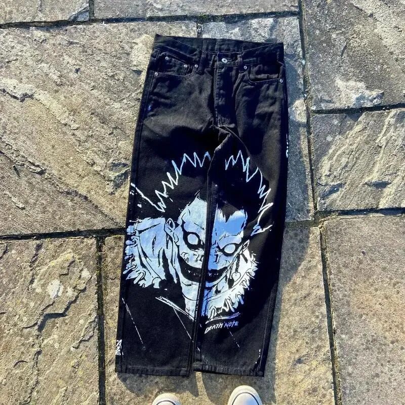 Harajuku y2k baggy jeans blue eyes white dragon print wide leg denim pants anime streetwear trouser men clothing 240819