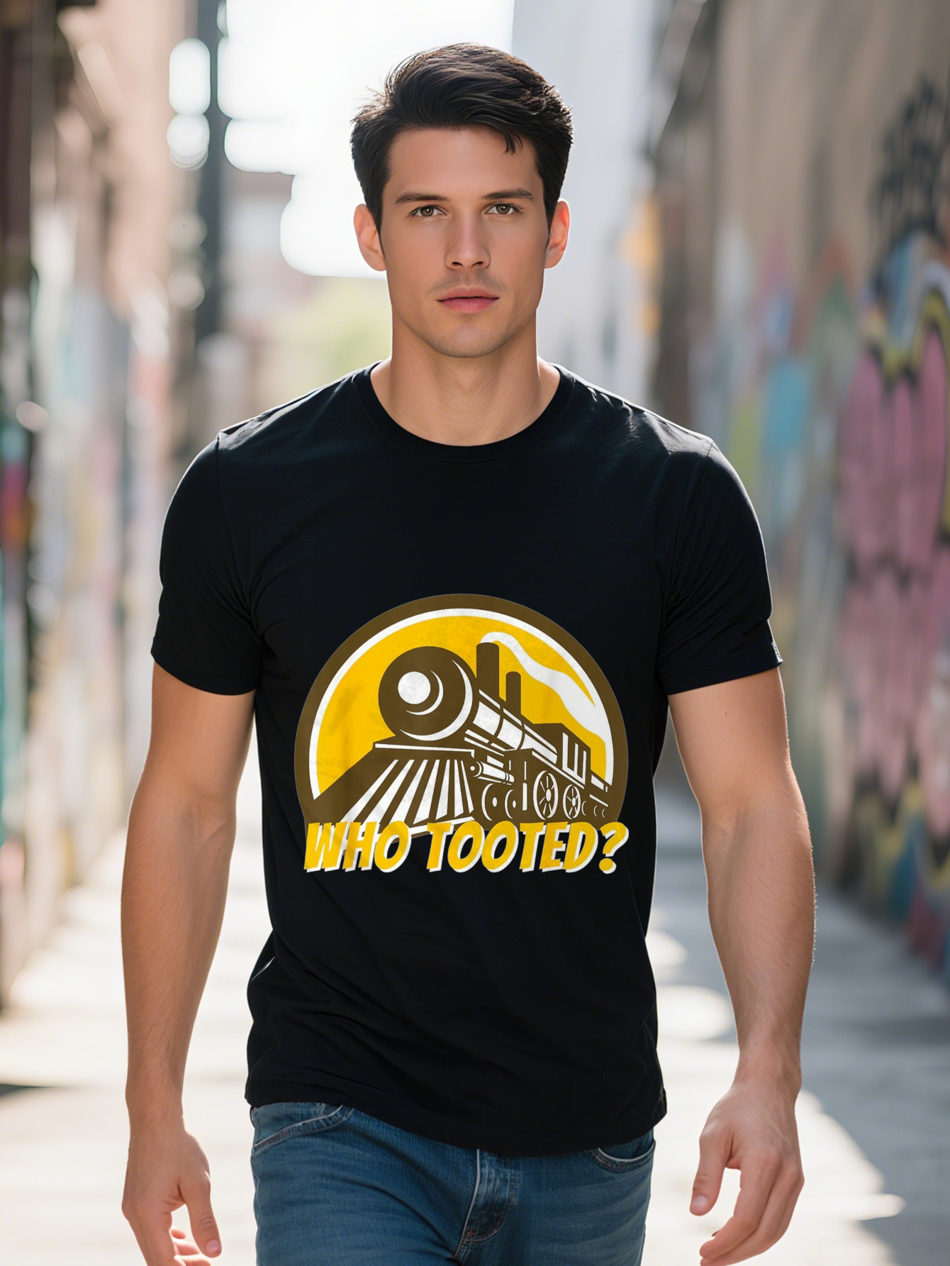 Men's 100% Cotton Funny Train Lover T-Shirt - Black, Yellow Locomotive Pattern, Casual Crew Neck, Short Sleeve, Lightweight and Breathable, Suita