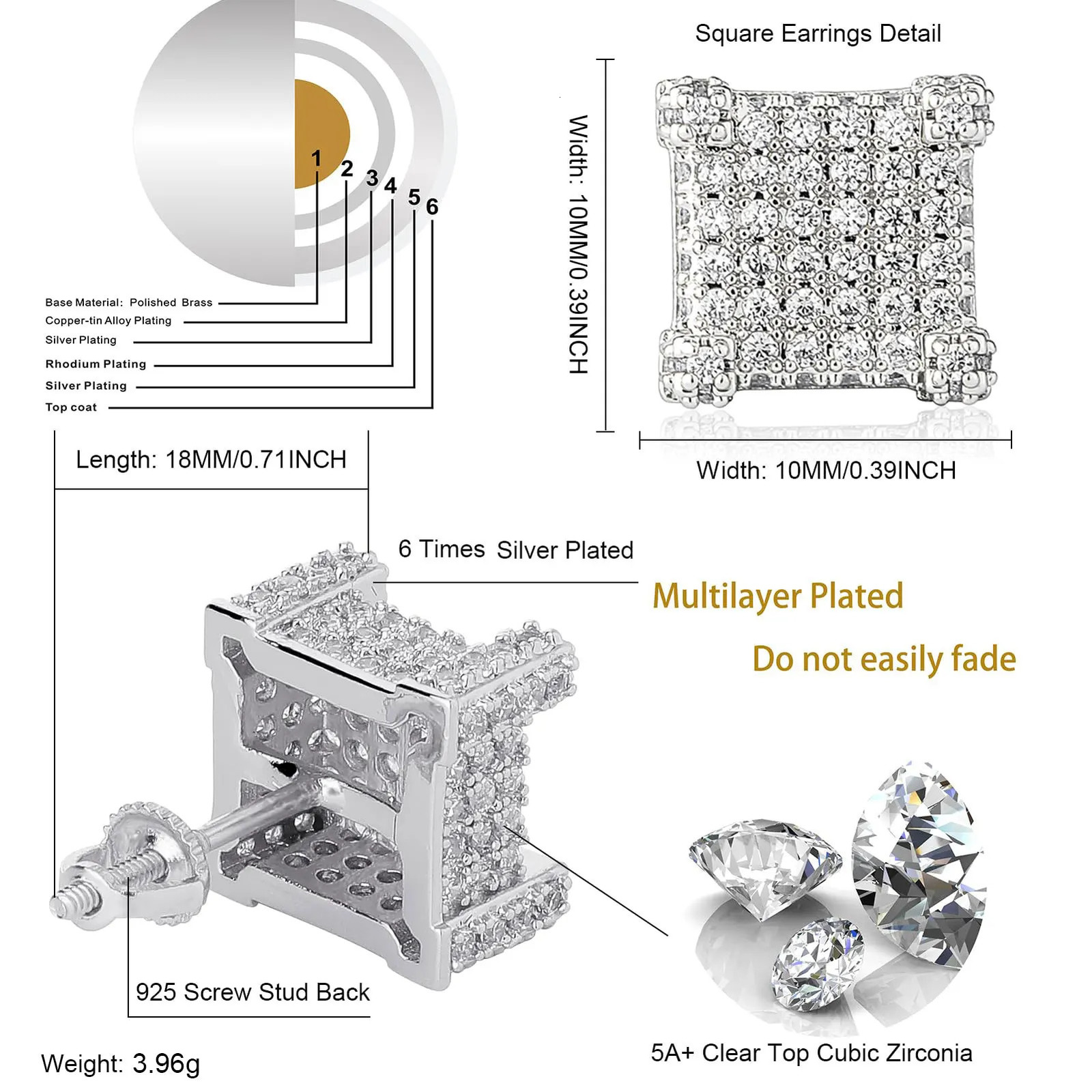 925 Sterling Silver Square Screw Stud Earrings Pave CZ Iced Out Screw Back Hypoallergenic Cube Large Stud Earrings For Men Women 250804