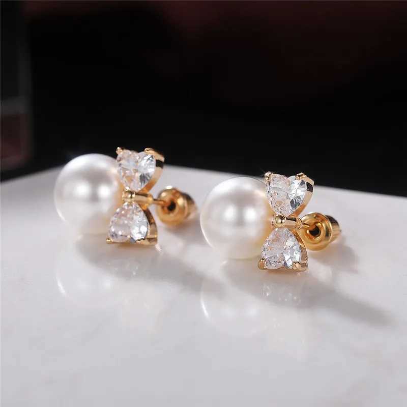 80s Simple Fashion Imitation Pearl Stud Earrings Girls Gold Color Bow Aesthetic Jewelry Hot Sale Earrings for Women Drop Ship Y250804