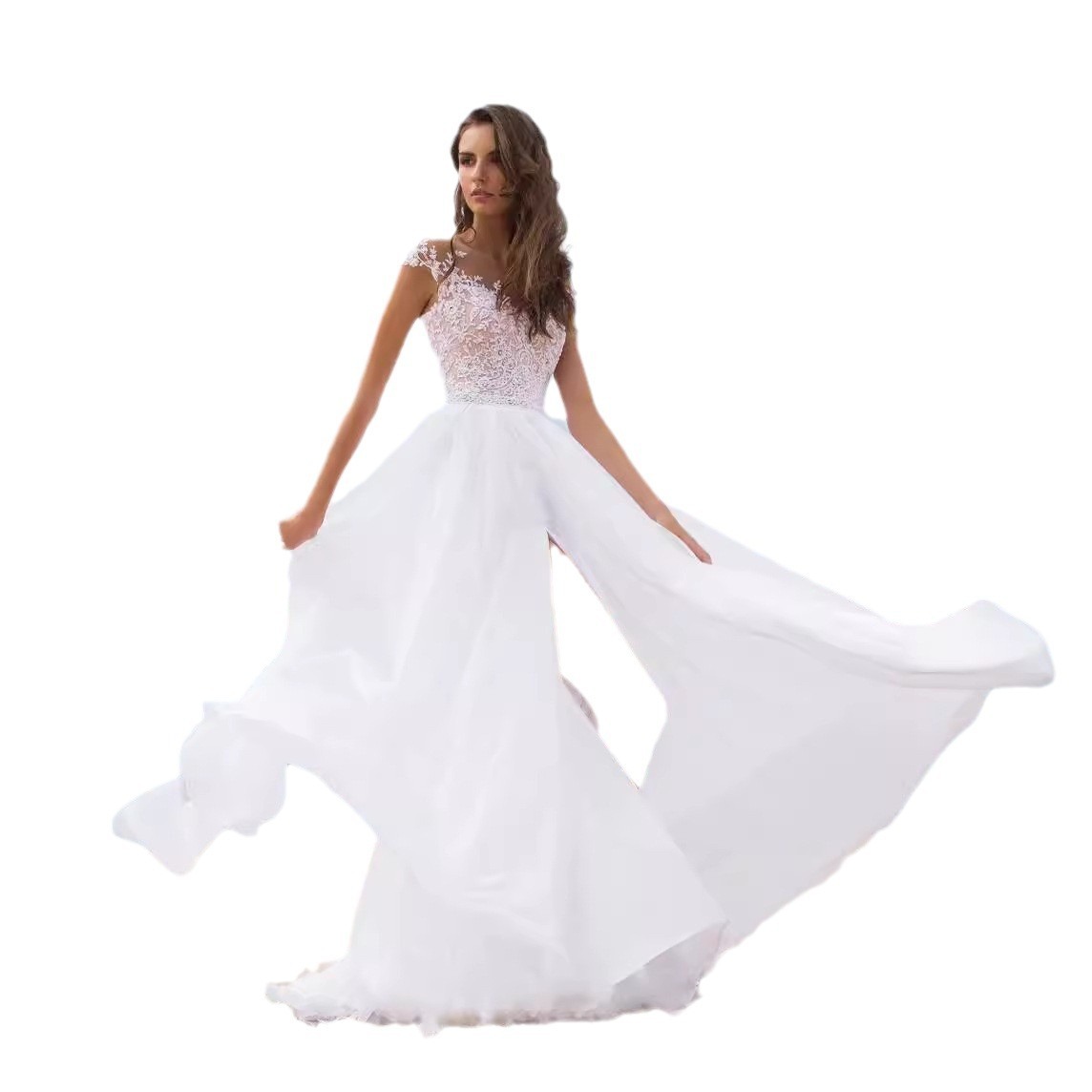 Summer 2025 Amazon fashion lace chiffon dress for dance party in Europe and America, white evening dress with slit and large hem, new designer dress