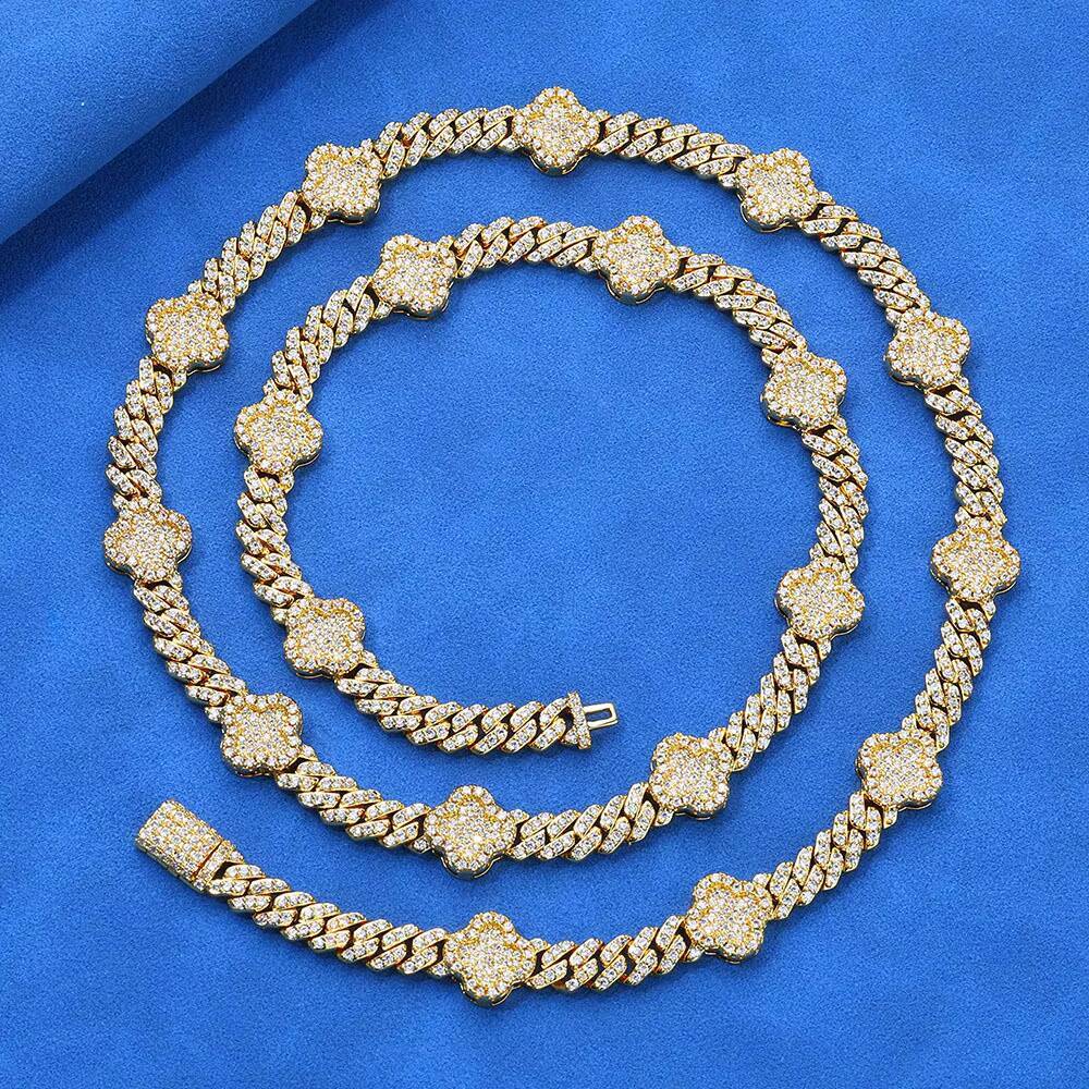 925 Sterling Silver Cuban Link Chain for Men Four-Leaf Clover VVS D Moissanite Pendant Iced Hip Hop Tennis Style Gift Box