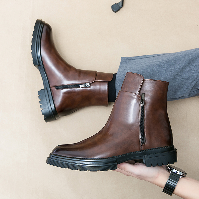 98312- New Fashion Trendy Men's Pointed Short Tube Leather Boots Korean Edition Interior Height Increase Stage Show Chelsea Boots Outdoor