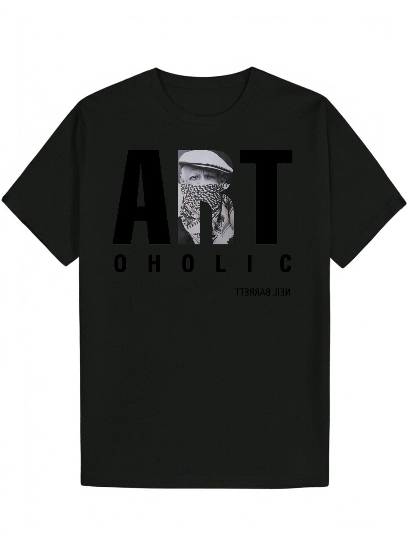 Men's Black Summer Casual - Round Neck Polyester Portrait Pattern T-Shirt with 'Art Oholic' Design, Machine Washable, Regular Fit f1a80