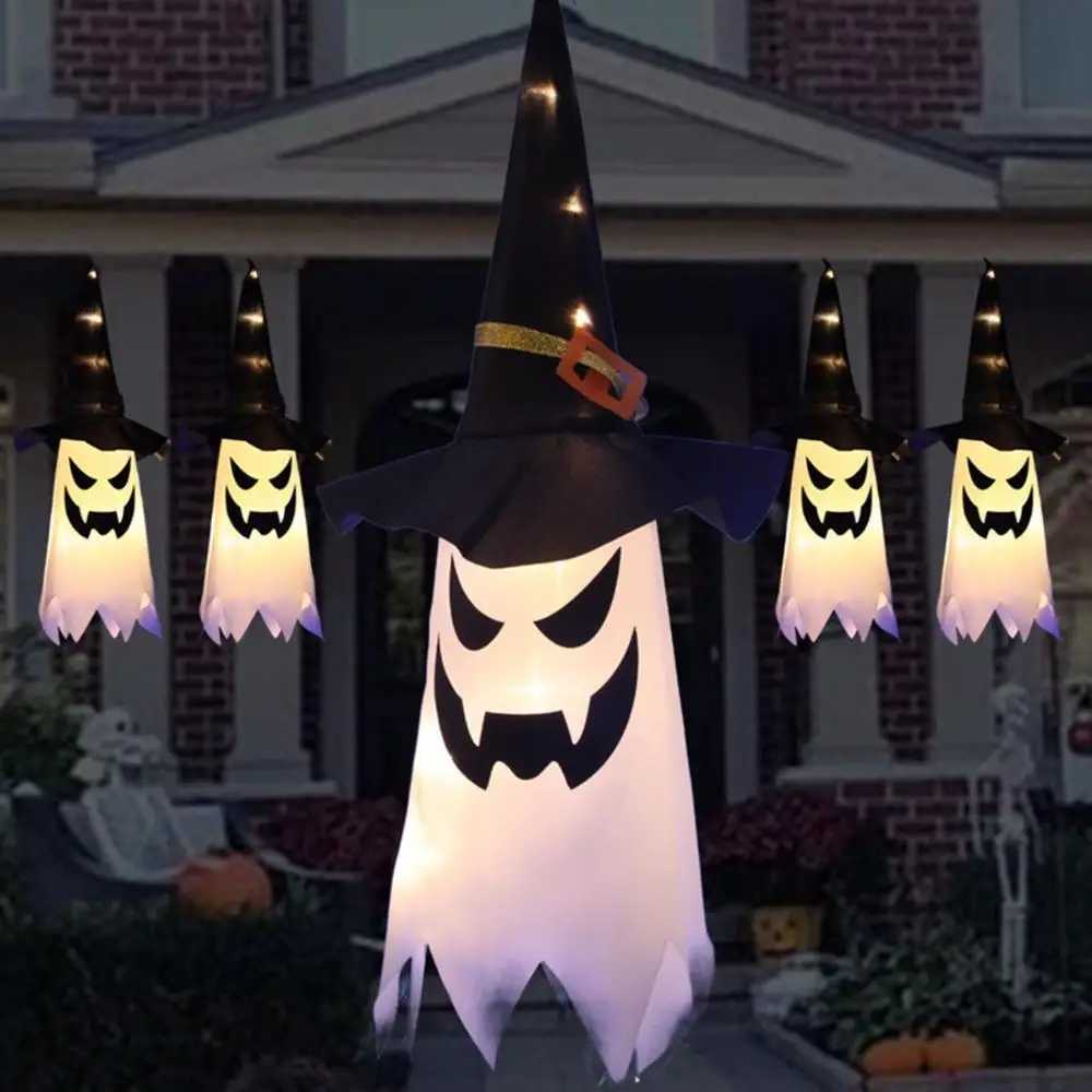 Garden Flashing LED Indoor Outdoor Halloween Decoration Glowing Ghost Witch Hat Hanging Light XJ250804