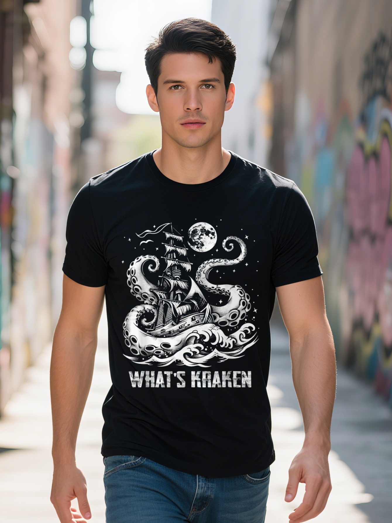 Men's 100% Cotton Patterned Octopus T-Shirt - What is Kraken Design, Small, Black, Short Sleeve T-Shirt, Suitable for Casual Wear 6b3aa