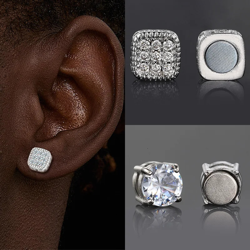 Fake Ice Out CZ Earrings For Men Women Magnet Magnetic Stainless Steel Non Piercing HipHop Rock Fashion Jewelry Accessory 250804