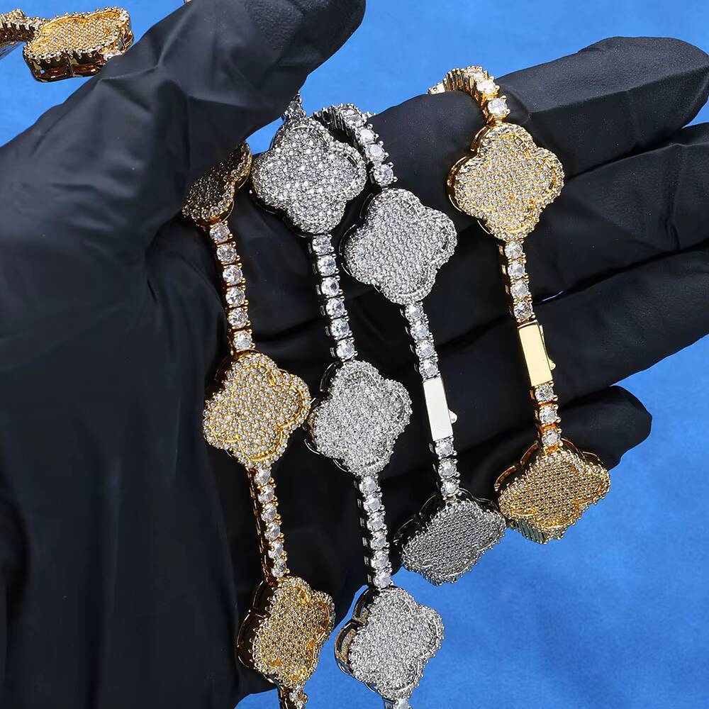 NUOYA Hip Hop Fine Jewelry 925 Sterling Silver Four-Leaf Clover White Gold VVS Moissanite Tennis Chain Bracelet for Women Gift