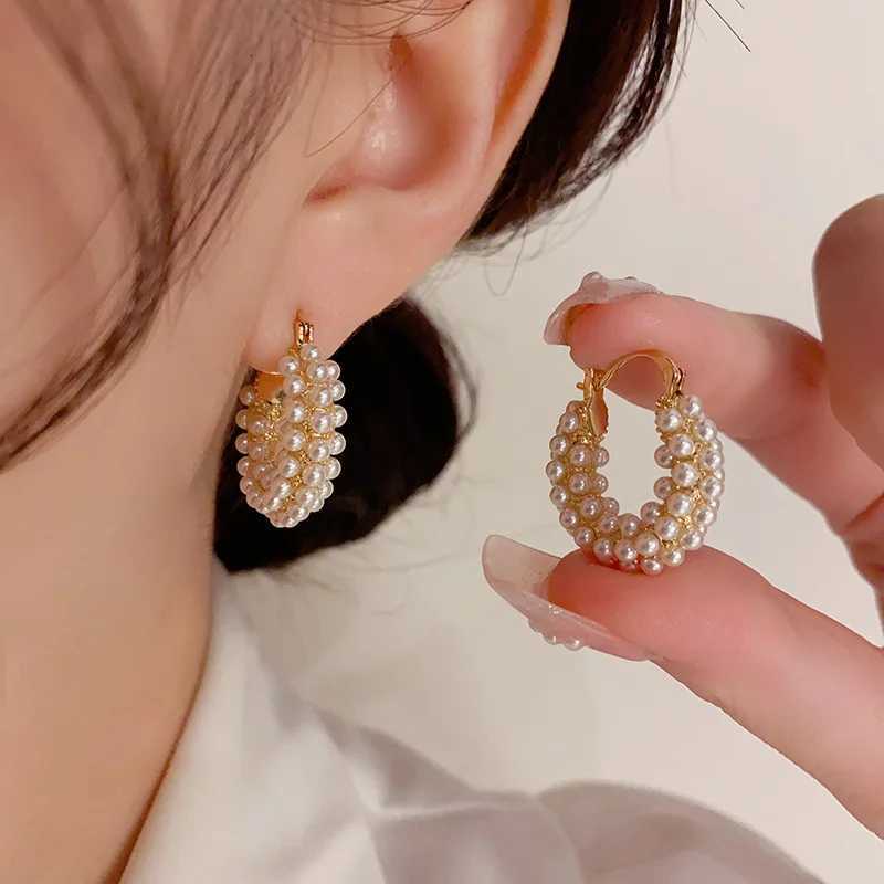 1 Pair Vintage Pearl Round Earrings for Women Big Hoop Pierced Allergy Resistant Earrings Jewelry Wholesale Y250804