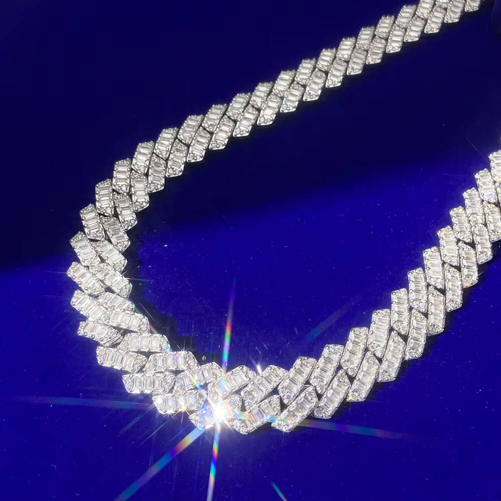 Wholesale Custom Mens 14mm Width 925 Silver Double Row Hand Setting Miami Zircon Cuban Necklace