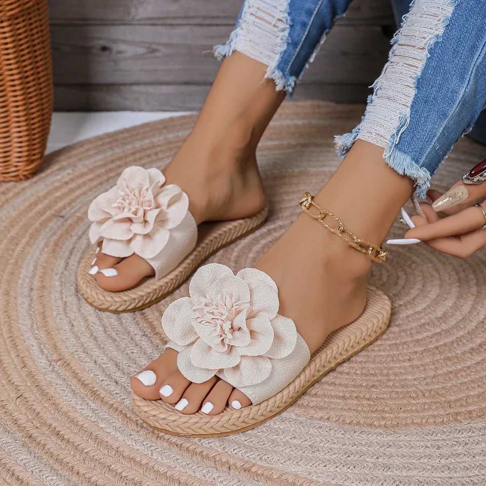 New flat-bottomed womens slippers beach shoes casual home sandals ultra-lightweight slippers pink flower shoes W250805