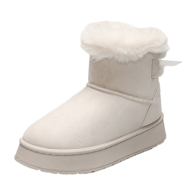 Winter new style female hair bow and plush thick warm non - slip winter cotton boots 2025s hot