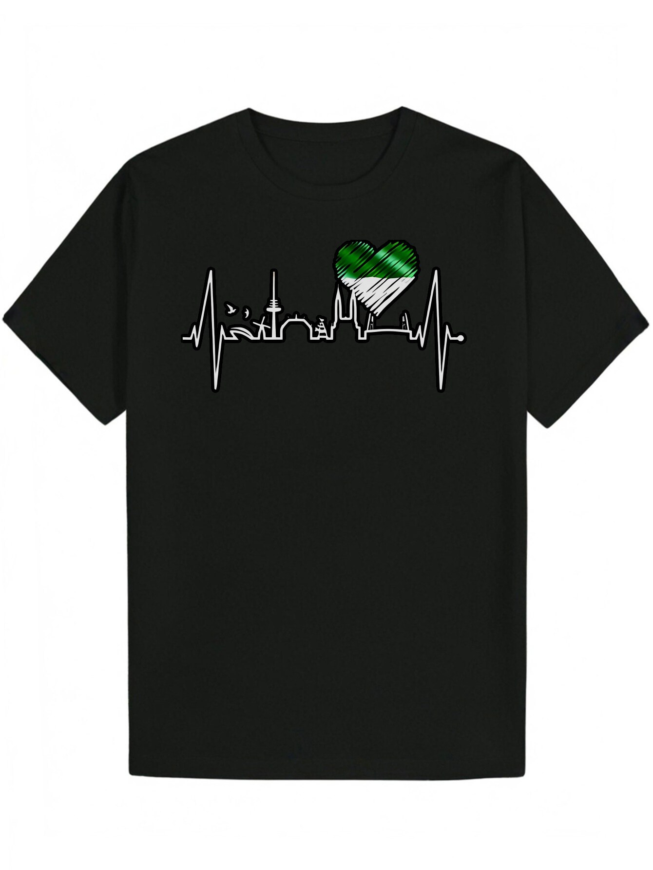 Men's Summer T-Shirt with Heartbeat Line Design - Green and White, Short Sleeve, Round Neck, Polyester, Casual Wear Pattern T-shirt | Polyester f