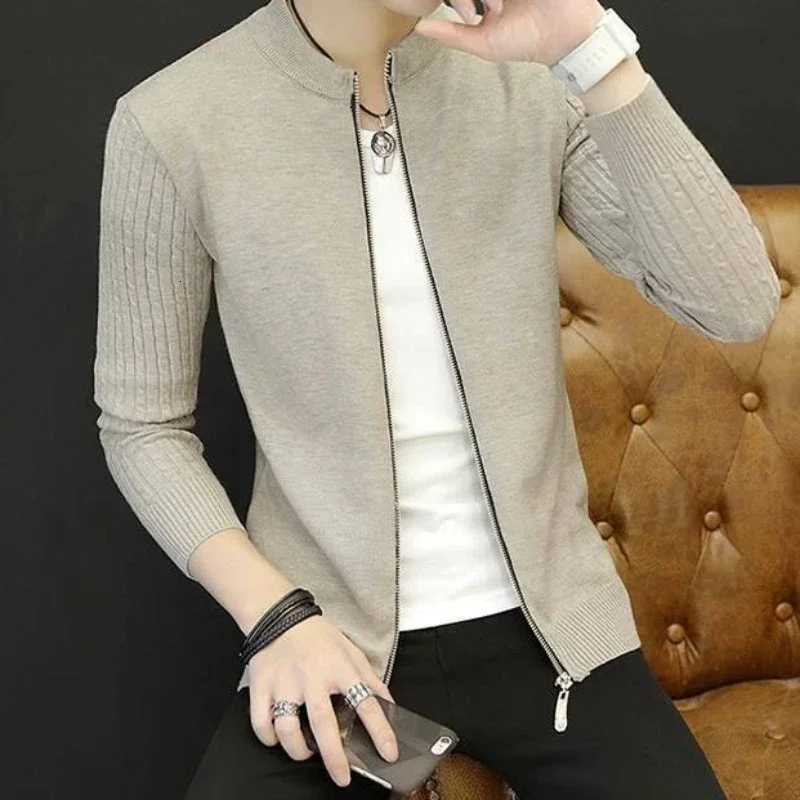 Knit Sweater Men Solid Color No Hoodie Collared Mens Clothing Zip-up Cardigan Zipper Plain Stylish Hot Casual Neck Cotton A XJ250805