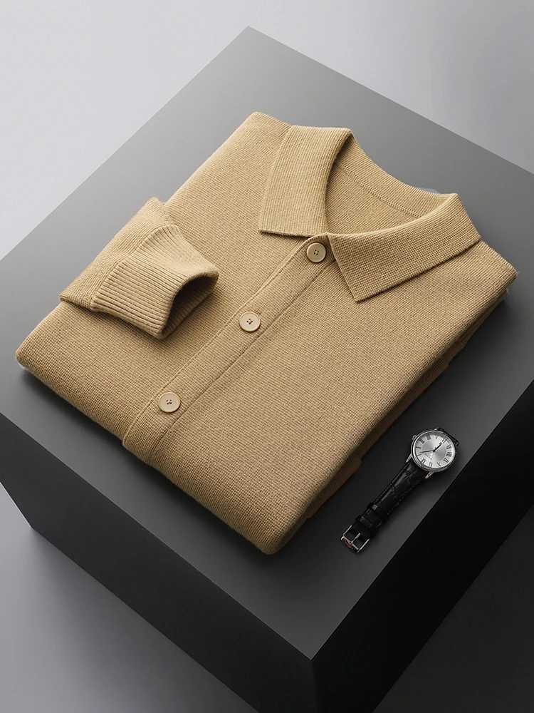 100% Merino Wool Knitwear Men Sweater High Quality Turndown Collar Single Breasted Solid Color Cardigan Soft Tops XJ250805
