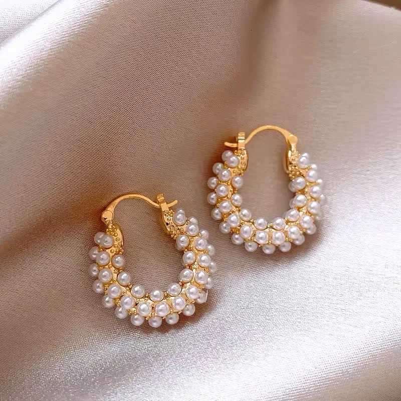 1 Pair Vintage Pearl Round Earrings for Women Big Hoop Pierced Allergy Resistant Earrings Jewelry Wholesale Y250804