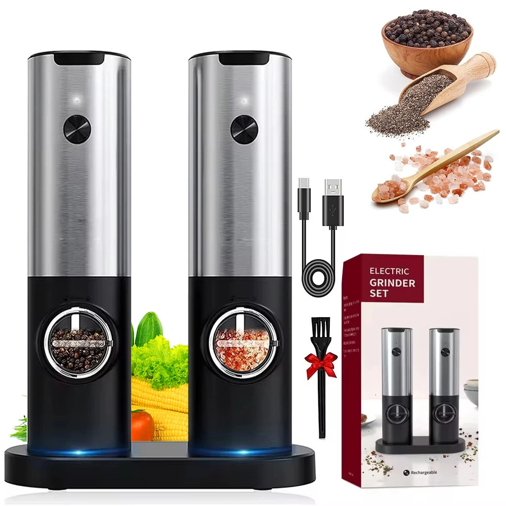 Electric Salt and Pepper Grinder Set With Led Light USB Rechargeable Automatic Spices Grinder Adjustable Spice Mill Kitchen Tool 250804