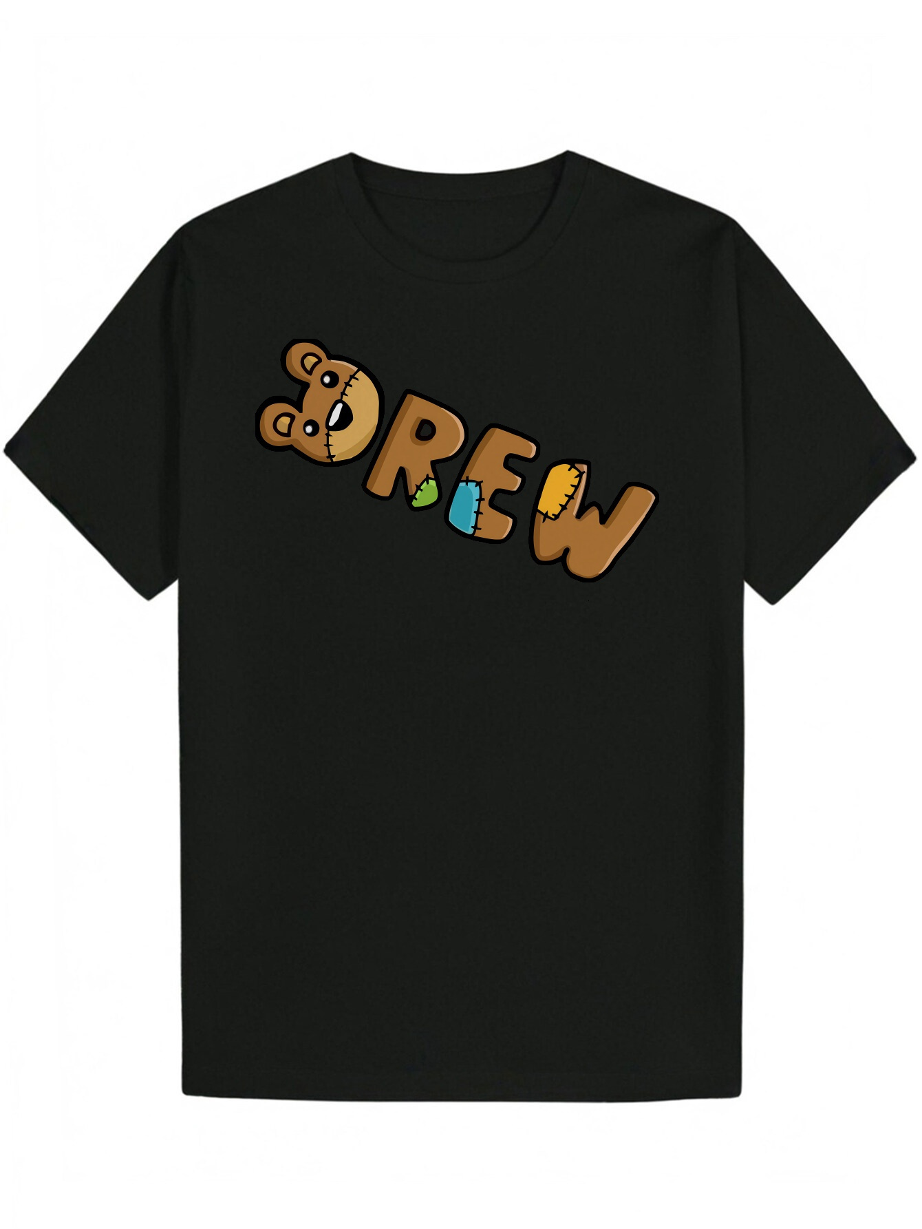 Men's Pattern T-Shirt - Playful Bear and 'DREW' Animal Print Design, Lightweight Polyester, Crew Neck, Machine Washable, Black, Summer 