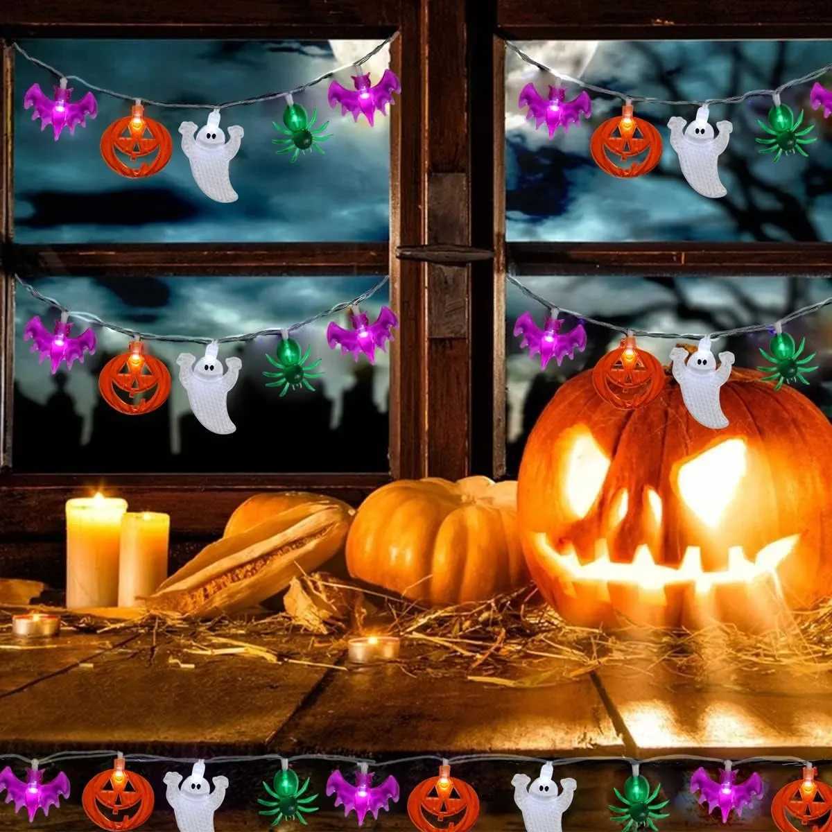 1pc Halloween Mixed LED String Lights With Spider Pumpkin Bat Ghost Battery Operated Fairy Lights For Home Halloween Party Decoration XJ250804