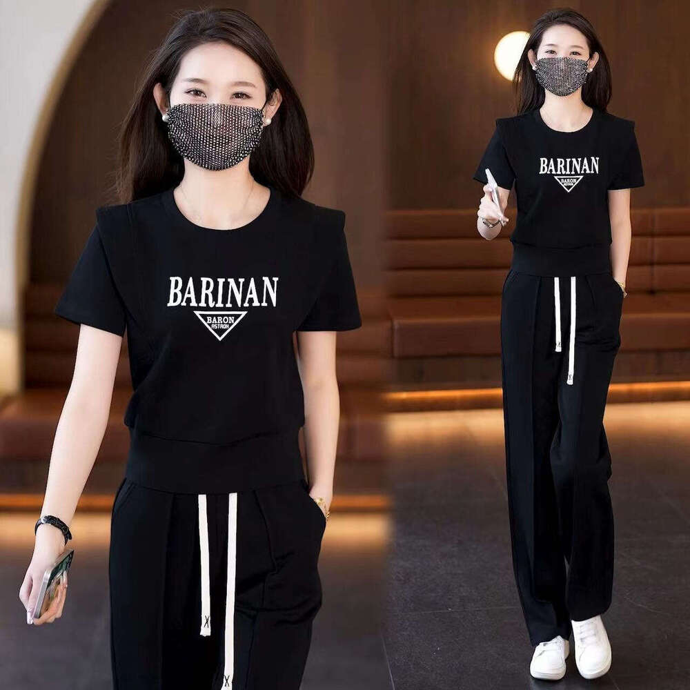 2025 New Fashion Women's Summer Tracksuit Short Sleeve Long Pants Elegant Youthful Casual Two-Piece Set