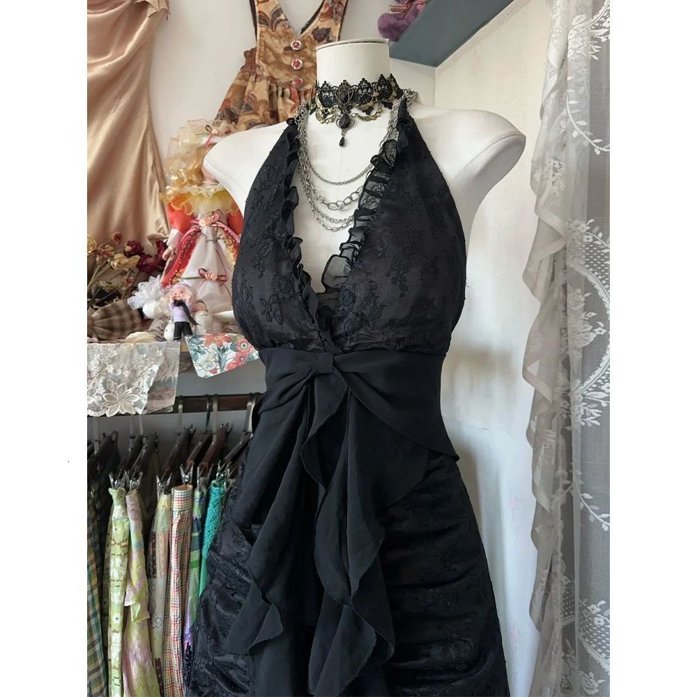 2025 black veil fashion moon retro backless collar black dress retro elegant summer dress new designer dress