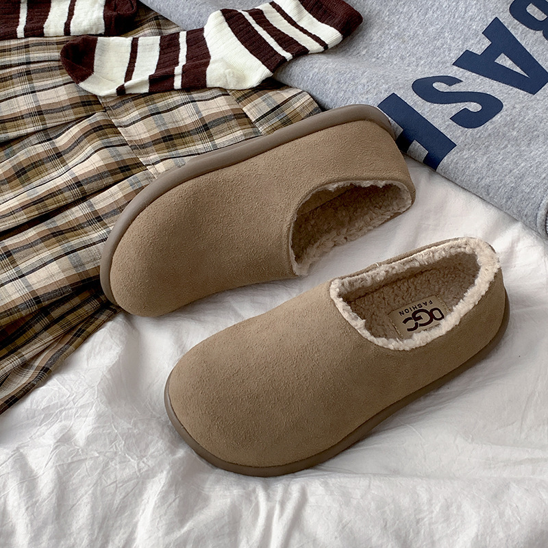 Ladies Vintage Fleece Lined Thickened Flat Sole Cotton Shoes 2025s Autumn Winter New Style Warm Round Toe Soft Sole shoes Free Shipping Chestnu