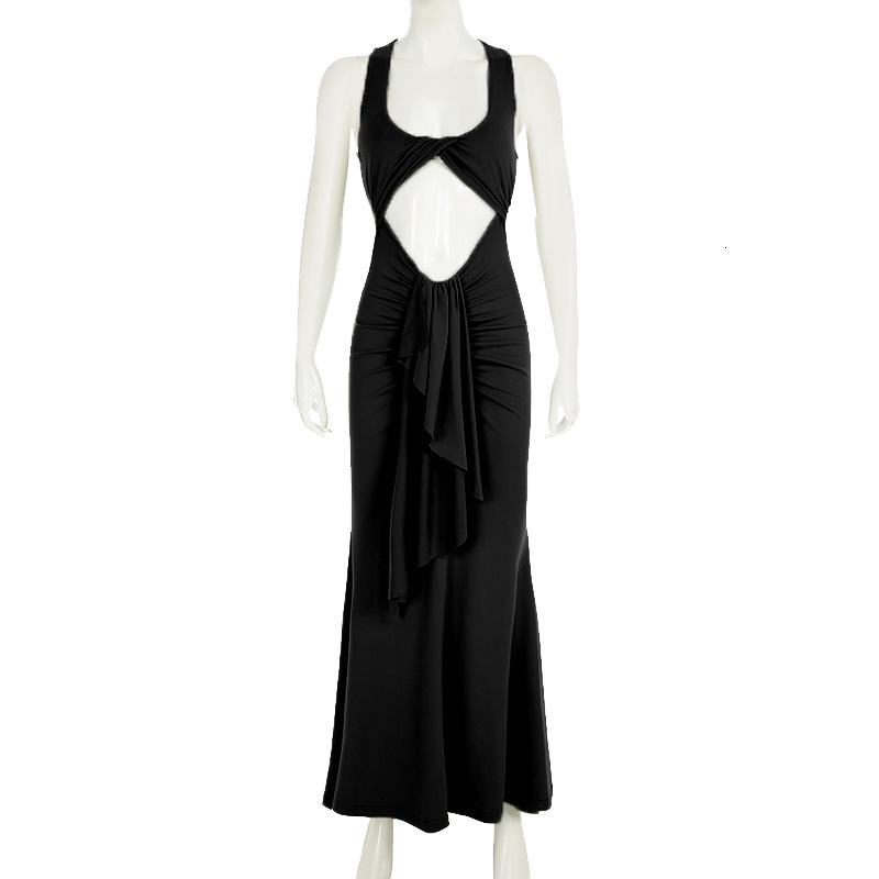 2025 Summer Fashion Sexy trend Twisted Hollow Long Skirt with Ruffles and Straps, Open Collar Fashion Sleeveless Mermaid Dress, New Designer Dress