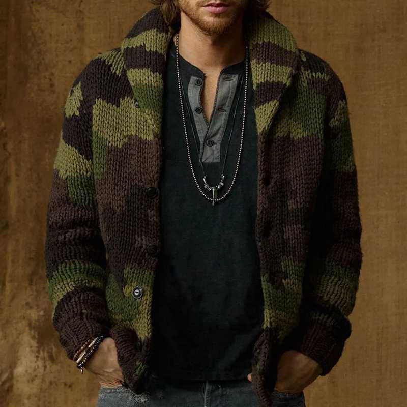 New Mens Camouflage Jacquard Sweater Lapel Cardigan Knit Jacket Single-breasted Winter Thick Coat Vintage Outerwear Jersey 3XL XJ250805