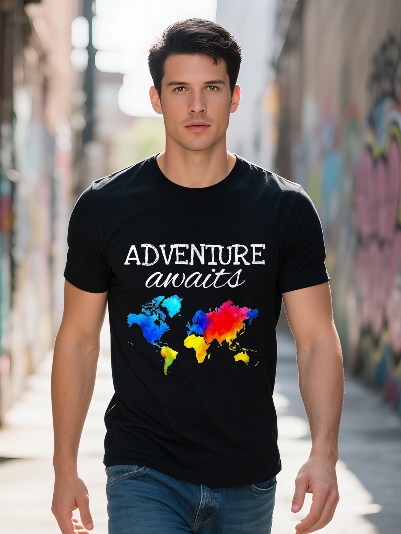 Men's Adventure World Map Graphic 100% Cotton Short Sleeve T-Shirt with Vibrant Watercolor Design, Machine Washable - Ideal for Travel and Casual