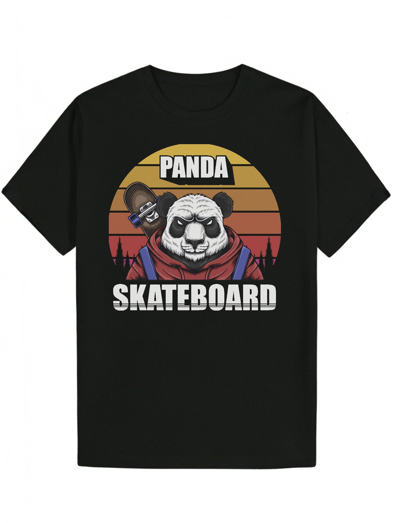 Men's Summer Casual Panda Skateboard Pattern Round Neck Short Sleeve Black Polyester T-Shirt with Playful Animal Pattern, Machine Washable 87705