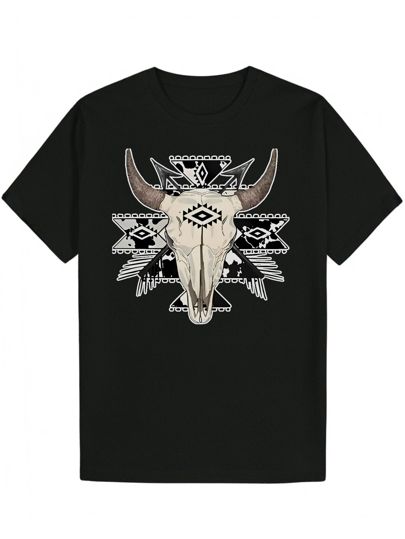 Men's Summer Short Sleeve T-Shirt - Black Bull Skull and Tribal Geometric Print, 100% Polyester, Breathable Crew Neck, Machine Washable, Suitable