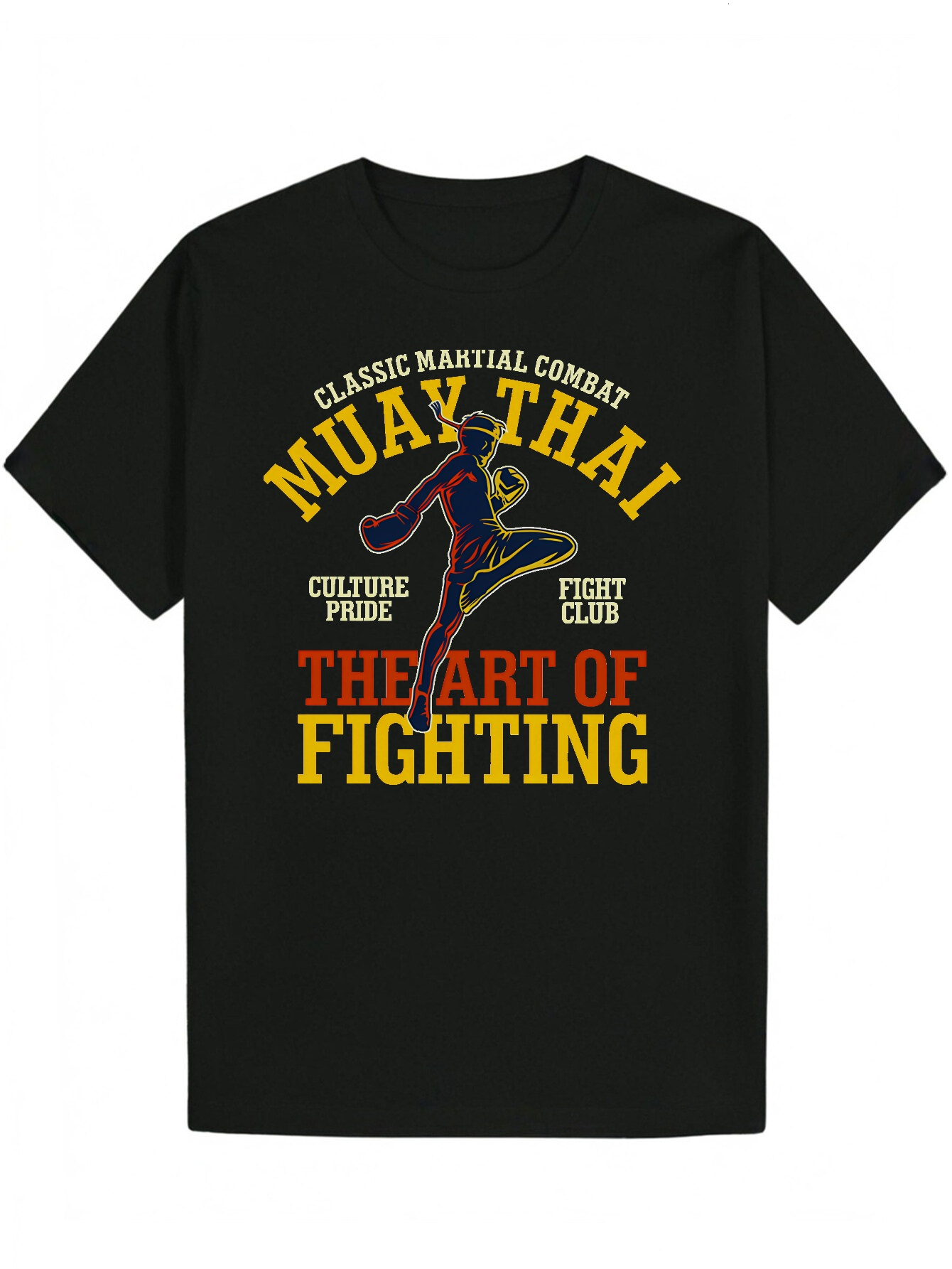 Men's Black Muay Thai Pattern - Summer Round Neck Polyester T-Shirt with "Martial Arts" Design, Short Sleeve, Lightweight Breathable, S