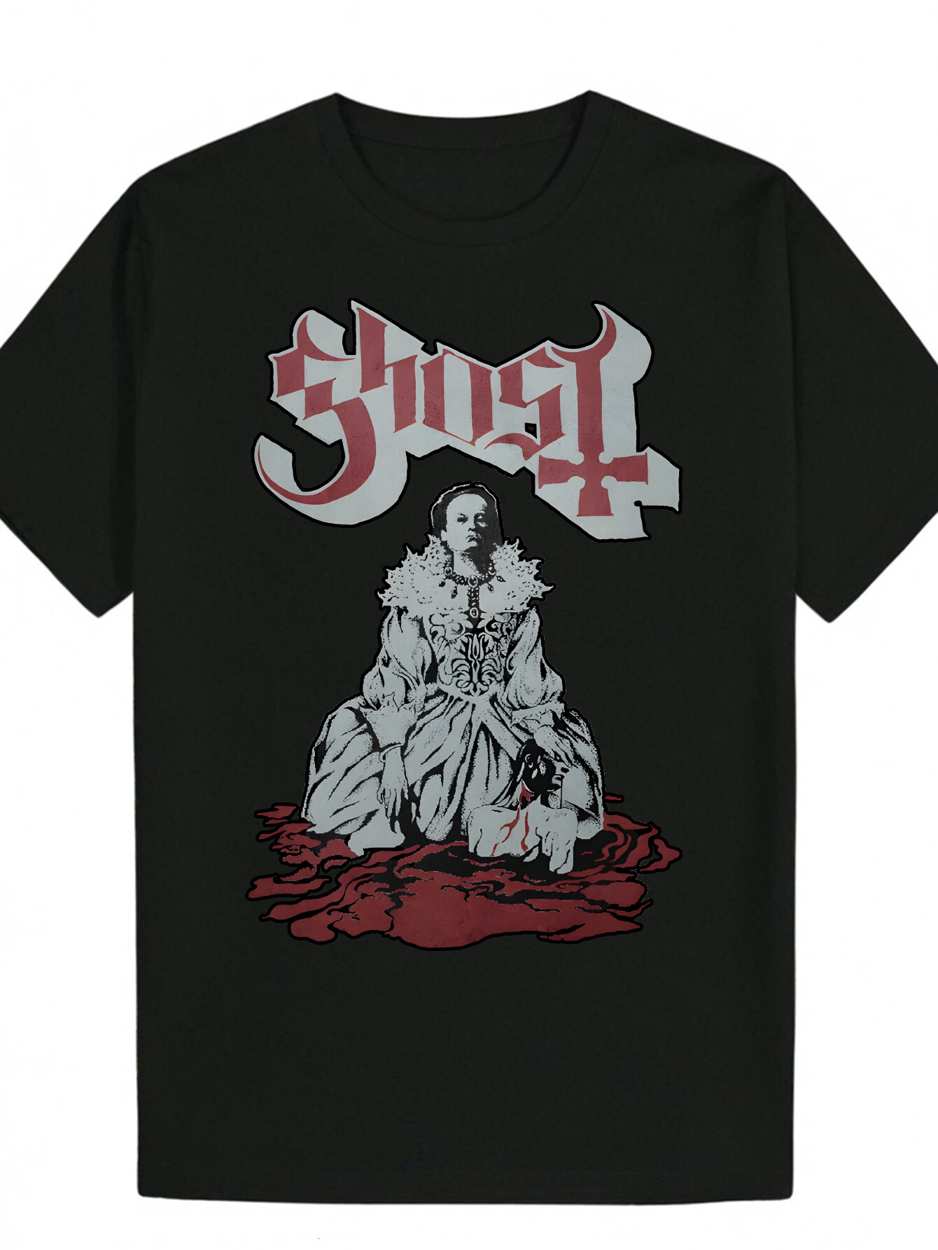 Men's Summer Casual Round Neck Polyester Gothic Portrait Print, Slightly Elastic Fabric, Regular - Black with Red and White Pattern Design, Loose