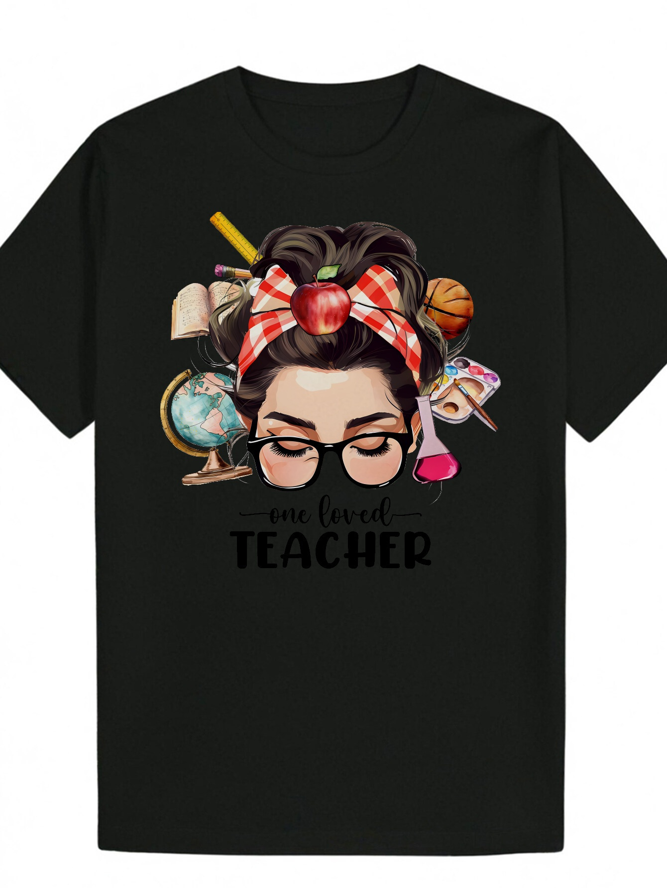 Men's Summer T-Shirt - Round Neck, Polyester Fiber, Regular Fit, with 'A Beloved Teacher' Red and White Checkered Pattern, Perfect for 