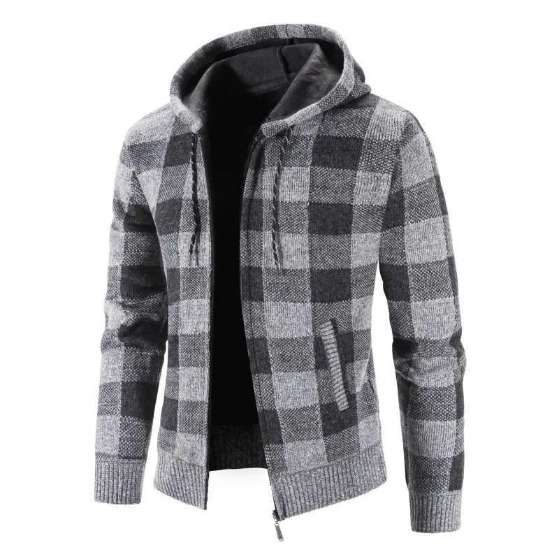 Mens Plaid Sweater Hooded 2024 New Winter Cardigan Coat Wool Zipper Jacket Autumn Fleece Warm Clothes Checkered Knit Jumper XJ250805