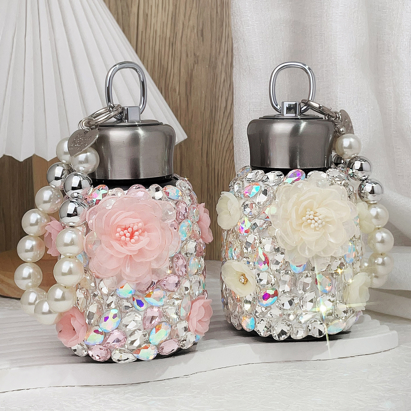 Designer Flower Water Bottle Luxury Crystal Double Wall Vacuum Reusable Coffee Cups Travel Mug Stainless Steel Insulated Thermos Tumbler with Handle P