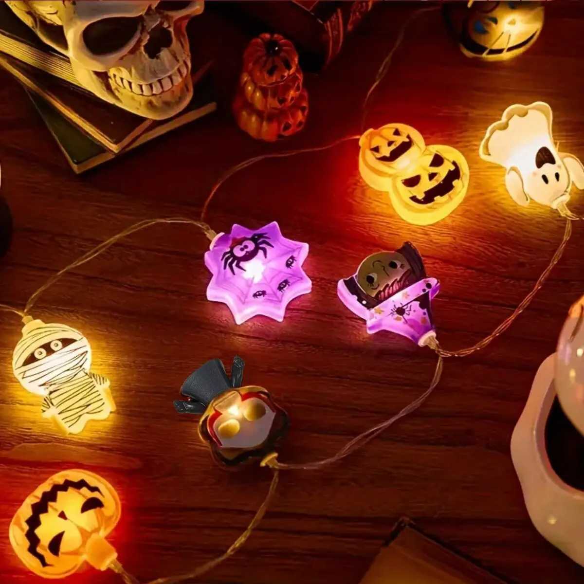 1PC Halloween 8 Elements LED String Light Battery Powered Horror Atmosphere Lighting With Ghost Witch Cat Pumpkin Spider Skeleton XJ250804