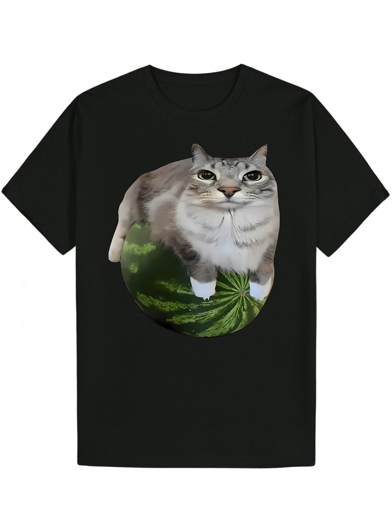 Men's Summer T-Shirt, Watermelon Ball Design with Whimsical Cat Pattern - Lightweight Polyester, Crew Neck, Short Sleeves, Playful Animal Print, 