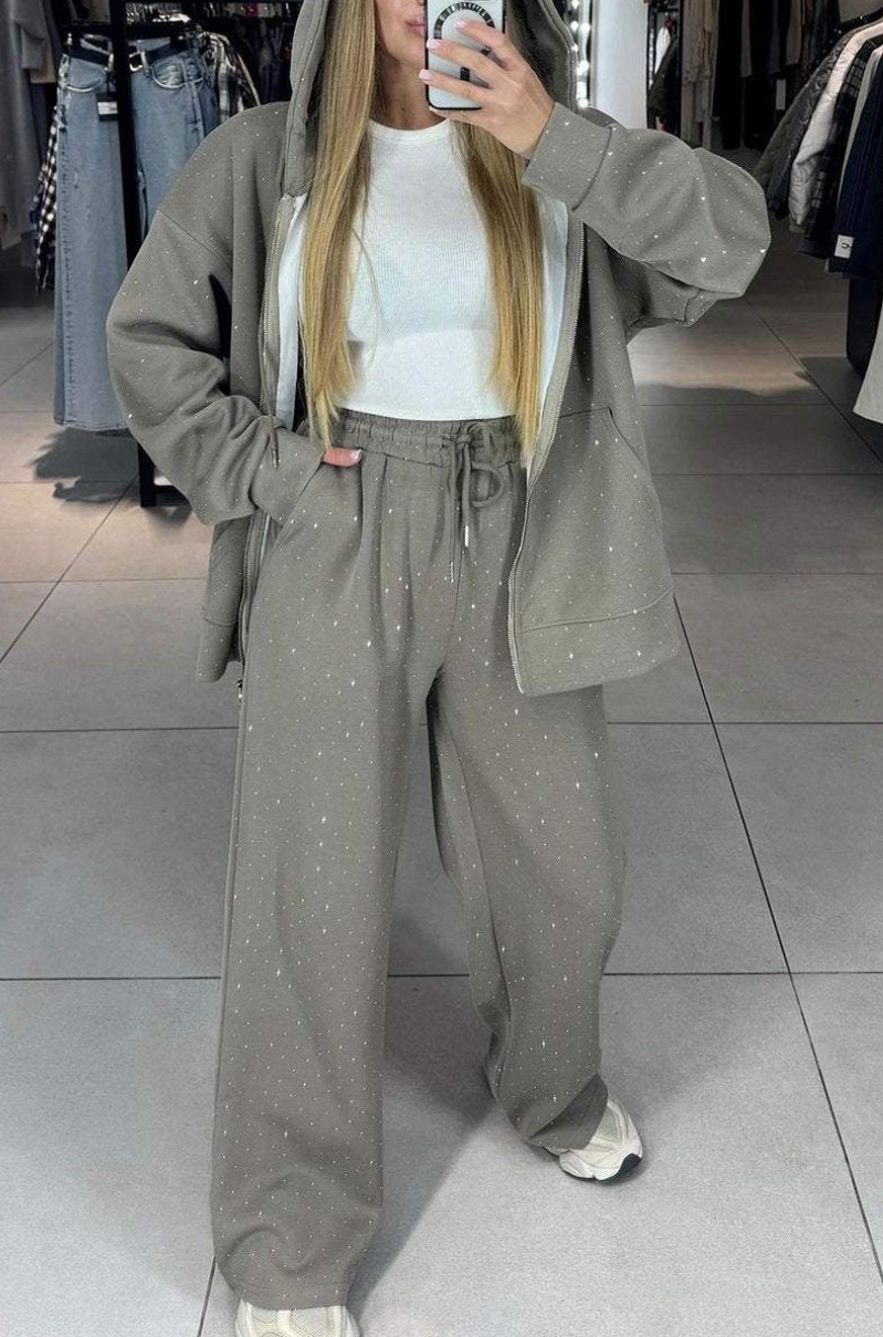 Fashion Rhinestone Sweatshirt Outfit Casual Women Zipper Coat and Long Pants Sports Suit Autumn Long Sleeved Loose Two Piece Set