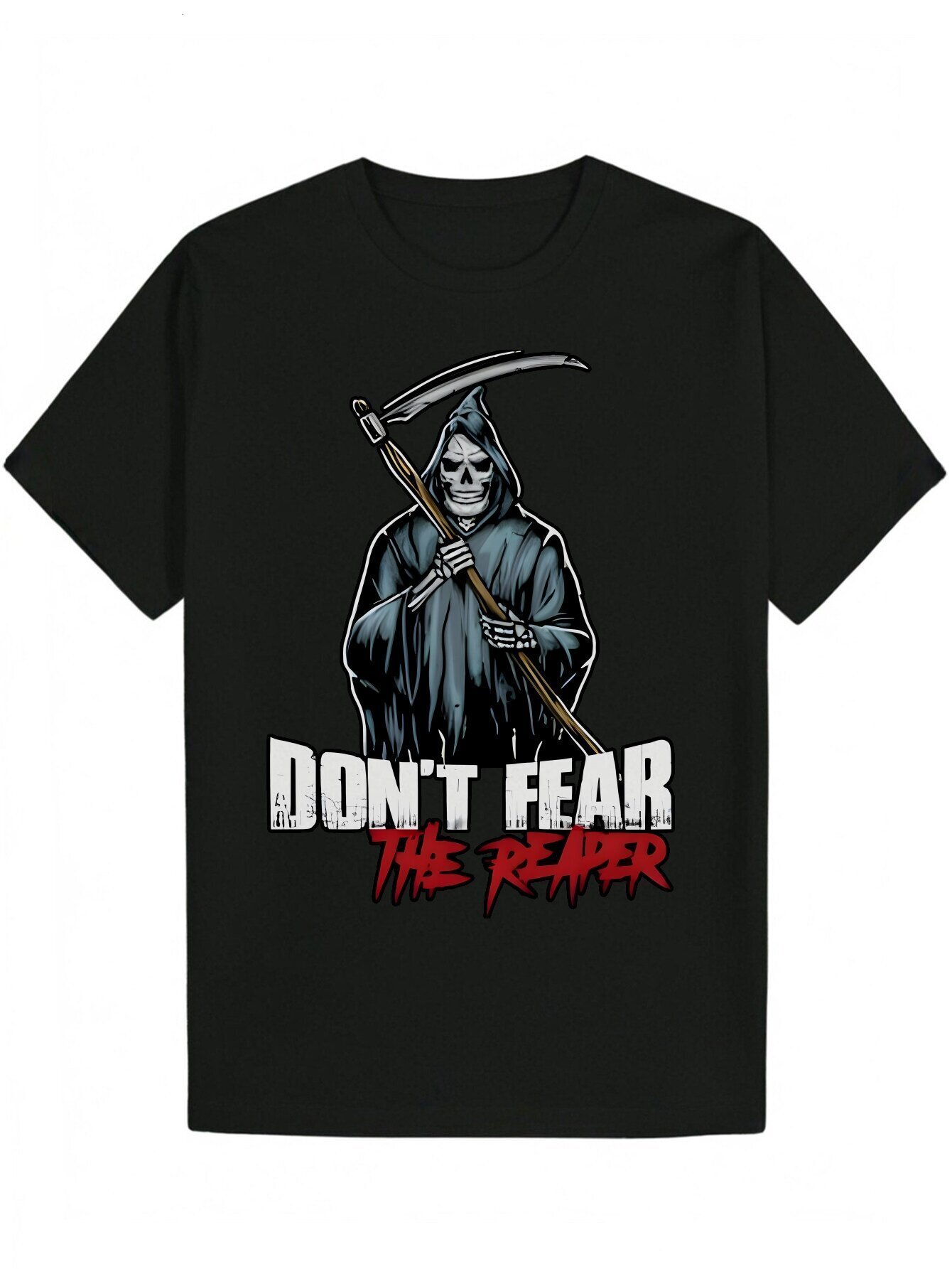 Men's Graphic Print Casual T-Shirt - 'Don't Be Afraid of the Reaper' Skeleton Design, Black Lightweight Polyester Crew Neck Summer