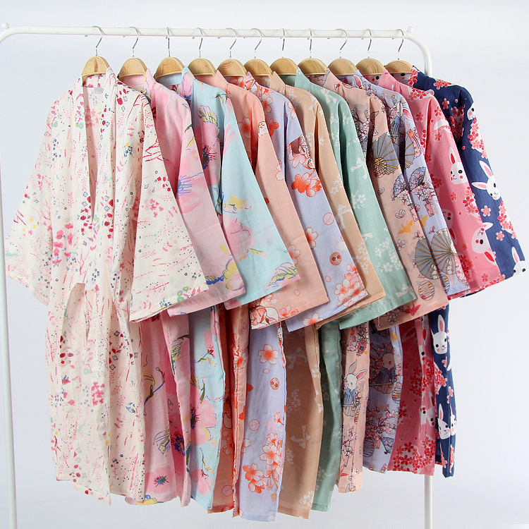 Womens Sleepwear Japanese kimono dressing gown spring and autumn ladies cotton crepe cloth thin summer bathrobe home service sleepwear bath robe 23051