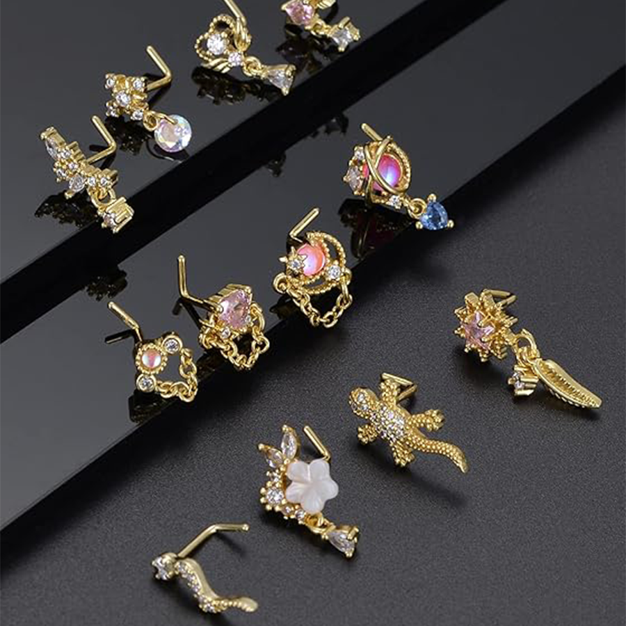 12Pcs Nose Ring Nose Stud L Shaped Snake Butterfly CZ Flower Moon Lizard Dangle Nose Rings Stud for Women Men Gold Tone 20G